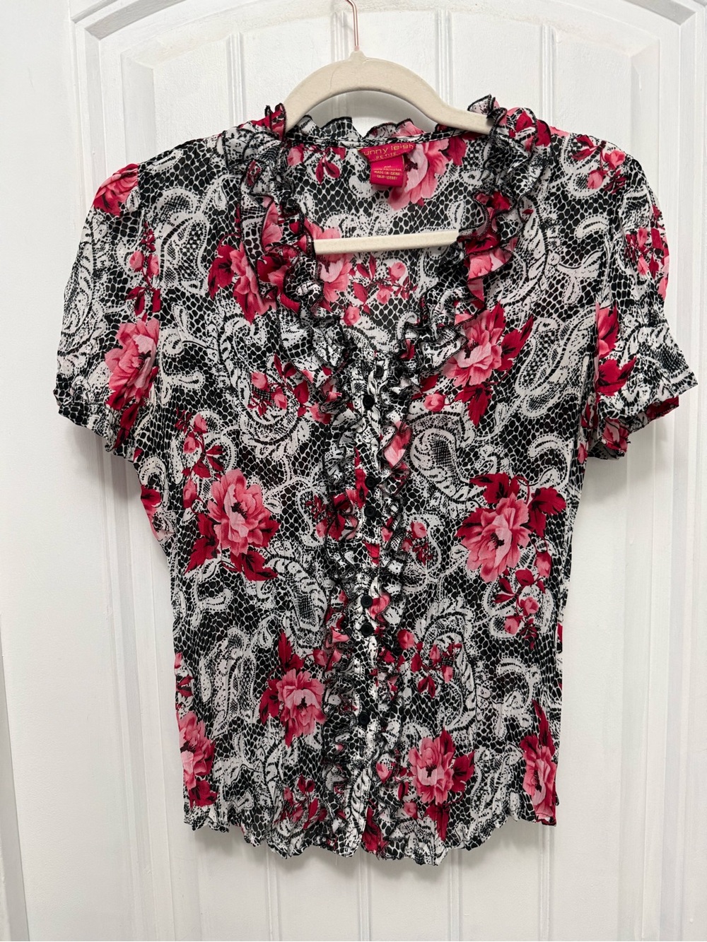 Sunny Leigh Petite Medium Black Pink Floral Ruffle ButtonUp Flutter Sleeve 24-13